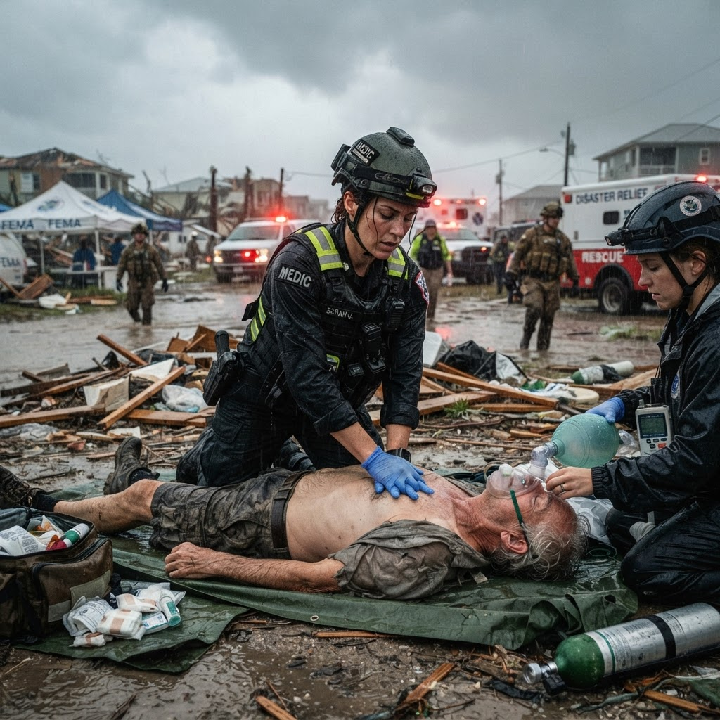 Emergency medics performing CPR and airway support during disaster response training